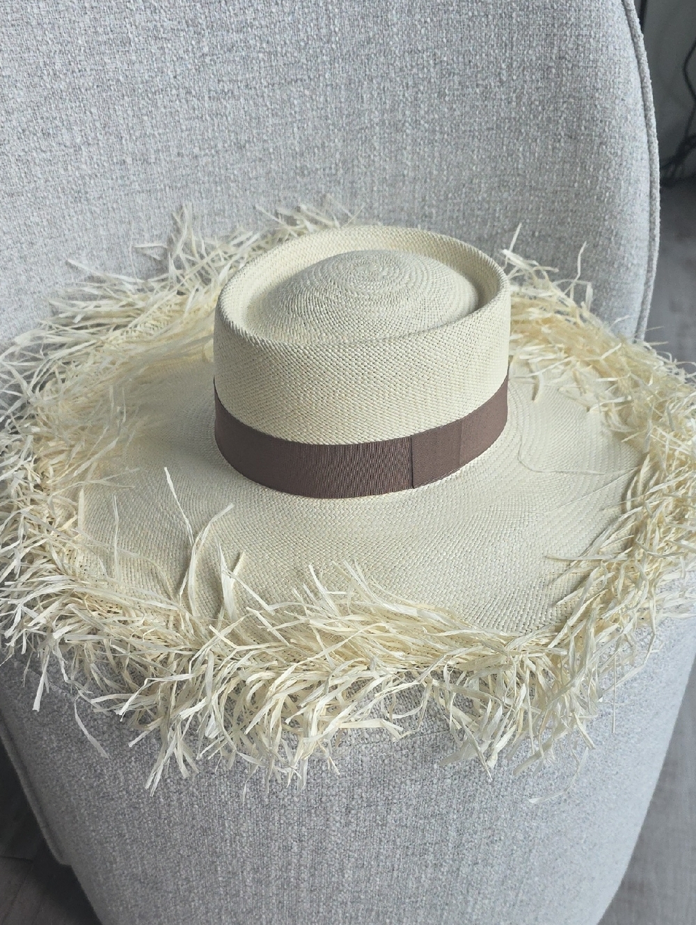 Cream Straw Wide-Brim Hat with Brown Band